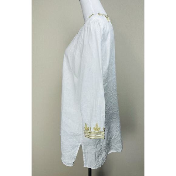 Chelsea & Theodore Size Large Tunic 100% Linen White & Gold Embroidered Casual - Picture 7 of 12